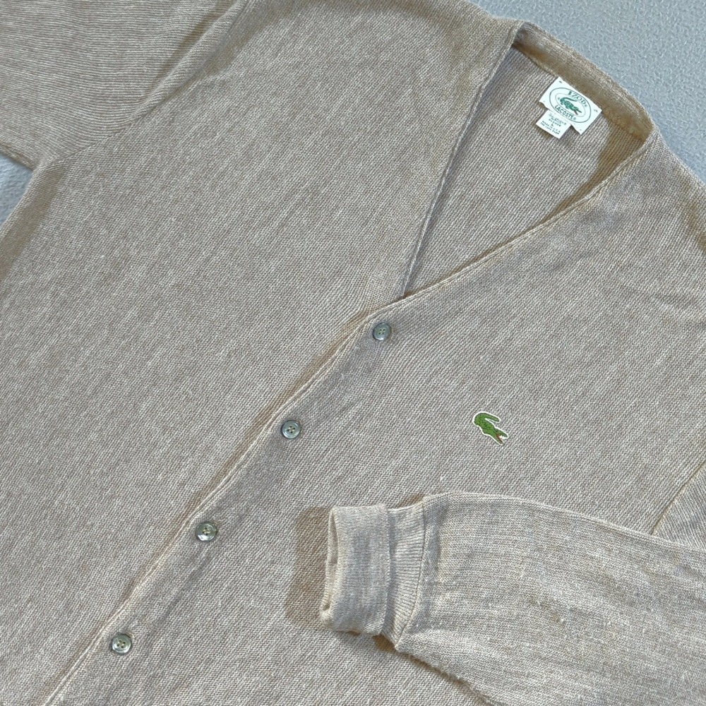 Izod Lacoste Cardigan Sweater Mens Large Tan Vintage Orlon Acrylic Made in USA